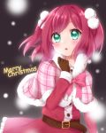  1girl belt breathing christmas coat gloves green_eyes hand_on_own_chest highres kurosawa_ruby love_live! love_live!_sunshine!! redhead shion_(tafu) snow solo winter winter_clothes winter_coat 