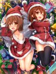  2girls bangs bell black_legwear blush boots brown_eyes brown_hair capelet christmas_ornaments collarbone dress fang folded_ponytail full-face_blush fur_trim gift hair_between_eyes hair_ornament hairclip hand_on_headwear hat holding ikazuchi_(kantai_collection) inazuma_(kantai_collection) kantai_collection kneehighs looking_at_viewer multiple_girls off_shoulder one_eye_closed open_mouth red_dress sack santa_costume santa_hat star thigh-highs thighs wavy_mouth yu-yuuki 