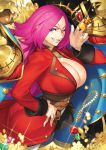  1girl ass azusa_(hws) blue_eyes breasts cleavage epaulettes fate/extra fate/grand_order fate_(series) gem gold grin huge_breasts jewelry one_eye_closed pink_hair rider_(fate/extra) scar smile solo 