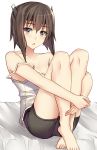  1girl :o bare_shoulders barefoot bed_sheet bike_shorts black_shorts breasts brown_hair cleavage collarbone expressionless eyebrows_visible_through_hair hair_between_eyes headband highres jitome kantai_collection knees_up legs_up looking_at_viewer medium_breasts on_bed open_mouth pallad short_hair shorts simple_background sitting sleeveless solo strap_slip taihou_(kantai_collection) tank_top white_background 