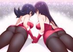  2girls akira_(natsumemo) ass bare_shoulders black_hair black_legwear blush breasts fur_trim gloves gym_leader large_breasts long_hair looking_at_viewer looking_back multiple_girls natsume_(pokemon) pantyhose pokemon pokemon_(game) pokemon_frlg pokemon_hgss purple_hair red_eyes red_gloves thighband_pantyhose 