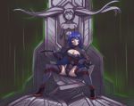  2girls blue_eyes blue_hair closed_eyes dark_persona high_heels highres hoshino_ruri kidou_senkan_nadesico leebigtree leotard misumaru_yurika multiple_girls petrification riding_crop sitting smirk thigh-highs throne twintails 