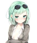  1girl bangs blush breasts cardigan collared_shirt green_eyes green_hair highres looking_at_viewer niito original pout shirt simple_background small_breasts solo sunglasses sunglasses_on_head unbuttoned unbuttoned_shirt upper_body white_background white_shirt 