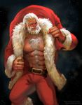  1boy abs beard belt chest_hair facial_hair fur_collar fur_trim highres jacket male_focus manly muscle open_clothes open_jacket overwatch reinhardt_(overwatch) sack santa_costume scar scar_across_eye snow solo watermark web_address white_hair yy6242 