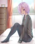  1girl black_legwear black_sweater blurry blush curtains day depth_of_field fang fate/grand_order fate_(series) from_side hair_over_one_eye highres indoors knees_up looking_at_viewer necktie no_shoes on_bed open_mouth pantyhose purple_hair red_necktie reinama room shielder_(fate/grand_order) short_hair shorts sitting solo sweater violet_eyes window wing_collar 