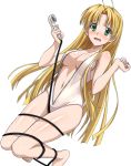  1girl ahoge asia_argento barefoot blonde_hair breasts casual_one-piece_swimsuit cleavage feet green_eyes high_school_dxd long_hair looking_at_viewer medium_breasts navel one-piece_swimsuit open_mouth solo swimsuit tears transparent_background unzipped 