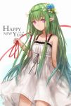  +)_(liu997139467) 1girl blue_flower collarbone dress flower green_hair hair_flower hair_ornament highres long_hair original pointy_ears red_ribbon ribbon solo sundress violet_eyes white_dress 