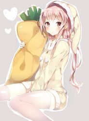  1girl bangs between_legs blush brown_eyes carrot carrot_pillow eyebrows_visible_through_hair grey_background hand_between_legs hat heart highres long_hair looking_at_viewer mismatched_legwear nightcap nightgown niito object_hug original pillow pink_hair pom_pom_(clothes) sitting solo thigh-highs white_legwear 