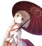  1girl blonde_hair collarbone highres holding holding_umbrella japanese_clothes long_sleeves looking_at_viewer looking_up miko niito oriental_umbrella original pleated_skirt red_eyes red_skirt ribbon-trimmed_sleeves ribbon_trim short_hair simple_background skirt solo umbrella white_background wide_sleeves 