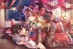  2girls :q all_fours ankle_socks antlers bell black_hair blonde_hair blue_ribbon box braid detached_sleeves fake_antlers gift gift_box girl_on_top hair_ribbon hair_tubes hakurei_reimu hat hat_ribbon highres indoors kayu_(553917372) kirisame_marisa light_particles long_hair long_sleeves looking_at_viewer lying multiple_girls no_shoes off_shoulder on_back on_floor parted_lips polka_dot_ribbon ponytail red_eyes reindeer_antlers ribbon short_hair single_braid skirt skirt_set star straddling tongue tongue_out touhou tress_ribbon window witch_hat wooden_floor yellow_eyes yuri 