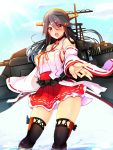  1girl :d black_hair black_legwear blue_sky blush breasts brown_eyes clouds cloudy_sky collarbone commentary day detached_sleeves hair_between_eyes hair_ornament hairband hairclip haruna_(kantai_collection) headgear heart_lock_(kantai_collection) highres kantai_collection large_breasts looking_at_viewer nontraditional_miko open_mouth outdoors outstretched_arm pleated_skirt red_skirt remodel_(kantai_collection) ribbon-trimmed_sleeves ribbon_trim rigging sash sideboob skirt sky smile solo thigh-highs thighs tsukui_kachou 