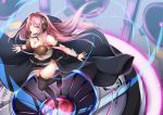  1girl bangs bare_shoulders bit_(keikou_syrup) black_legwear black_shoes black_skirt blue_eyes breasts brooch character_name cleavage closed_mouth collarbone detached_collar floating_hair from_above full_body headset jewelry large_breasts long_hair long_skirt looking_at_viewer looking_up megurine_luka navel outstretched_arms pink_hair shoes skirt smile solo spread_arms standing standing_on_one_leg thigh-highs vocaloid wrist_cuffs 