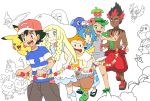  3boys 3girls conga_line dark_skin dark_skinned_male dress flower hat highres kaki_(pokemon) lillie_(pokemon) mamane_(pokemon) mallow_(pokemon) multiple_boys multiple_girls partially_colored plant pokemon pokemon_(anime) pokemon_sm_(anime) satoshi_(pokemon) suiren_(pokemon) white_background 