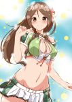  1girl amagi_(kantai_collection) arm_at_side bare_shoulders blush breasts brown_eyes brown_hair cleavage_cutout clenched_hands crop_top flower hair_between_eyes hair_flower hair_ornament highres hip_vent kantai_collection large_breasts long_hair looking_at_viewer midriff miniskirt mole mole_under_eye navel pleated_skirt ponytail remodel_(kantai_collection) short_sleeves skirt tatusinomu 