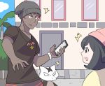  /\/\/\ 1boy 1girl alola_form alolan_marowak beanie black_hair blue_sky casual cellphone dark_skin dark_skinned_male female_protagonist_(pokemon_sm) hat jewelry kaki_(pokemon) marowak multicolored_hair necklace palm_tree phone pokemon pokemon_(game) pokemon_sm red_hat shirt sky smartphone t-shirt tree two-tone_hair very_dark_skin yurei-tekina_nanika z-ring 