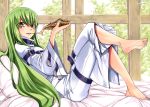  1girl absurdres artist_name barefoot bed_sheet blush bodysuit buckle c.c. code_geass eating feet food green_hair highres leg_up legs_crossed lips long_hair looking_at_viewer lying mashima_hiro on_bed parted_lips pillow pizza plantar_flexion scan shiny shiny_hair sidelocks sitting smile soles solo straitjacket thigh_strap toes white_bodysuit wide_sleeves yellow_eyes 