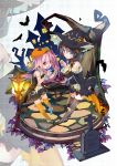  2girls alternate_costume bat beret black_hair blue_eyes braid chig_(mizusaki) hair_flaps hair_ornament halloween halloween_costume harusame_(kantai_collection) hat highres jack-o&#039;-lantern kantai_collection lamppost long_hair looking_at_viewer multiple_girls pink_eyes pink_hair remodel_(kantai_collection) shigure_(kantai_collection) side_ponytail single_braid thigh-highs witch zettai_ryouiki 