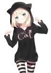  1girl animal_hood bangs blonde_hair blue_eyes blush cat_ears cat_hood cowboy_shot highres hood hoodie looking_at_viewer niito original pantyhose paw_pose simple_background solo striped striped_legwear swept_bangs thick_eyebrows white_background 