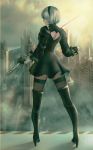  1girl android back_cutout black_boots black_dress black_gloves black_legwear black_shoes blindfold boots covered_eyes dress fingerless_gloves full_body gloves headband heart_cutout high_heels highres holding holding_sword holding_weapon long_sleeves nier_(series) nier_automata outdoors profile quest_(artist) shoes short_hair silver_hair solo sword thigh-highs thigh_boots weapon white_hair yorha_unit_no._2_type_b zettai_ryouiki 