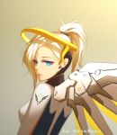  1girl bangs blonde_hair bodysuit breasts from_side glowing glowing_wings gradient gradient_background halo high_collar lips lipstick makeup mascara mechanical_halo mechanical_wings mercy_(overwatch) overwatch ponytail qingchen_(694757286) solo turtleneck upper_body wings 