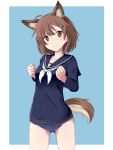  1girl ahoge animal_ears bangs brave_witches breasts brown_eyes brown_hair clenched_hands closed_mouth collarbone cowboy_shot eyebrows_visible_through_hair gluteal_fold hair_ornament hairclip hands_up highres karibuchi_hikari legs_apart long_sleeves looking_at_viewer mono_(mono60) one-piece_swimsuit ribbon school_swimsuit school_uniform serafuku short_hair smile solo squirrel_ears squirrel_tail swimsuit swimsuit_under_clothes tail uniform white_ribbon world_witches_series 