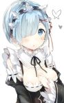  1girl black_ribbon blush breasts butterfly collar detached_collar detached_sleeves frilled_collar frilled_sleeves frills hair_ornament hair_over_one_eye hand_on_own_chest highres looking_at_viewer maid maid_headdress medium_breasts niito parted_lips re:zero_kara_hajimeru_isekai_seikatsu rem_(re:zero) ribbon simple_background solo upper_body white_background x_hair_ornament 