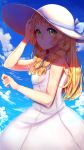  1girl absurdres bangs bare_arms blonde_hair blue_sky braid clouds collared_dress day dress green_eyes hat highres lillie_(pokemon) long_hair meong outdoors pokemon pokemon_(game) pokemon_sm simple_background sky sleeveless sleeveless_dress solo sun_hat sundress twin_braids white_background white_dress white_hat 