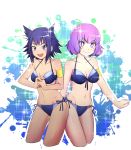  +_+ 2girls armband blue_eyes blue_hair breasts cleavage commentary_request kawai_hanabi keijo!!!!!!!! multiple_girls navel open_mouth purple_hair rokudou_rin short_hair smile star star-shaped_pupils swimsuit symbol-shaped_pupils thick_eyebrows violet_eyes yoshiteruxx 