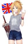  1girl \n/ blonde_hair casual citron_82 contemporary fate/apocrypha fate/grand_order fate_(series) flag green_eyes grin hair_ornament hair_scrunchie ponytail saber_of_red scrunchie shirt shorts smile solo sword t-shirt united_kingdom weapon wristband 