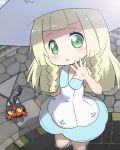  1girl :o bangs bare_arms blonde_hair blunt_bangs blush braid cat chibi collarbone collared_dress dress green_eyes hat kanocchi kneehighs leg_up lillie_(pokemon) litten long_hair looking_at_viewer open_mouth pokemon pokemon_(creature) pokemon_(game) pokemon_sm sleeveless sleeveless_dress standing sun_hat sundress tongue twin_braids white_dress white_hat white_legwear 