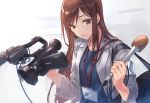  1girl bag brown_eyes brown_hair camcorder holding_microphone id_card long_hair microphone name_tag open_mouth original solo yomo_(majidon) 