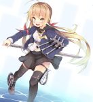  ahoge blonde_hair fang jacket kantai_collection looking_at_viewer low_twintails nyafu_(moai_lion) remodel_(kantai_collection) satsuki_(kantai_collection) sword thigh-highs twintails weapon 
