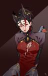  108_127 1girl alternate_costume black_hair blood blood_on_face bodysuit bound bound_arms breasts broken brown_background commentary dark_persona demon_horns devil_mercy earrings facial_mark forehead_mark grey_background hair_between_eyes horns injury jewelry looking_at_viewer mechanical_wings medium_breasts mercy_(overwatch) no_bra one_eye_closed orange_wings overwatch parted_lips ponytail red_eyes sitting solo stud_earrings torn_bodysuit torn_clothes upper_body wings 