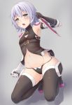  &gt;:o 1girl :o aqua_eyes armpits assassin_of_black bandaged_arm bangs belt black_legwear black_panties blush breasts center_opening crop_top dual_wielding fang fate/apocrypha fate_(series) grey_background groin highres holding holding_weapon kneeling knife looking_at_viewer midriff navel no_pants open_mouth panties reinama scar scar_across_eye shoes short_hair silver_hair single_glove sleeveless small_breasts solo tattoo thigh-highs underwear weapon 