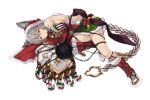  1girl animal_ears boots breasts cait claw_(weapon) detached_sleeves erun_(granblue_fantasy) fur_trim granblue_fantasy grey_hair hair_between_eyes hood looking_at_viewer lying medium_breasts on_side santa_boots santa_costume sen_(granblue_fantasy) sideboob skirt weapon 