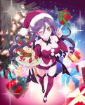  1girl ;3 almaria ange_vierge bare_shoulders boots breasts brown_eyes cake choker christmas christmas_tree cleavage collarbone detached_sleeves earrings food foreshortening from_above gift hair_between_eyes hat jewelry long_hair medium_breasts midriff navel purple_hair red_legwear santa_hat short_shorts shorts snowman solo thigh-highs thigh_boots tray very_long_hair waifu2x watanabe_akio watermark 