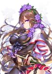  1girl asymmetrical_clothes bangs black_gloves breasts brown_hair capelet closed_mouth commentary_request cowboy_shot elbow_gloves eyelashes floating_hair floral_background flower frills from_side gloves granblue_fantasy hair_between_eyes hair_flower hair_ornament hand_to_own_mouth hong_(white_spider) large_breasts long_hair looking_at_viewer looking_to_the_side navel navel_cutout purple_flower purple_rose rose rosetta_(granblue_fantasy) sheath sheathed short_sword single_pantsleg smile solo stenciled_rose stomach sword thorns very_long_hair violet_eyes weapon white_background 
