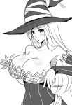  1girl armpits bare_shoulders blush breasts cleavage darkmaya detached_sleeves dragon&#039;s_crown dress eyebrows eyebrows_visible_through_hair eyelashes hat huge_breasts large_breasts long_hair looking_at_breasts monochrome solo sorceress_(dragon&#039;s_crown) strapless strapless_dress witch_hat 