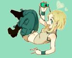  1girl :d aqua_background aqua_eyes aqua_pants bangs bare_shoulders black_boots blonde_hair boots breasts bright_pupils brown_background camera full_body gym_leader heart holding holding_camera medium_breasts navel oimo_(14sainobba) open_mouth pants parted_bangs pokemon pokemon_(game) pokemon_xy short_hair sidelocks simple_background smile solo tank_top viola_(pokemon) wristband 
