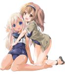  2girls blonde_hair blue_eyes breasts crop_top flower hair_flower hair_ornament hairband hibiscus i-26_(kantai_collection) kantai_collection kneeling komatsu_eiji large_breasts light_brown_eyes light_brown_hair long_hair multiple_girls name_tag new_school_swimsuit one-piece_swimsuit ro-500_(kantai_collection) sailor_collar sandals school_swimsuit school_uniform serafuku short_sleeves swimsuit swimsuit_under_clothes tan two-tone_hairband two_side_up 