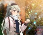  1girl alternate_costume amatsukaze_(kantai_collection) arm_behind_back bag bangs bauble belt belt_buckle black_hat blue_sweater blush brick_wall brown_eyes buckle building christmas_ornaments christmas_tree coat commentary_request earrings eyelashes fedora green_hair handbag hat jewelry kantai_collection long_hair long_sleeves open_clothes open_coat outdoors over_shoulder scarf snowflakes solo sweater twintails upper_body watch watch white_coat white_scarf winter yahako 