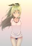  1girl arms_behind_back black_ribbon blush breasts buruma closed_mouth collarbone cowboy_shot floating_hair gradient gradient_background green_eyes green_hair gym_uniform hair_between_eyes hair_ornament hair_ribbon hairclip highres kantai_collection long_hair looking_at_viewer medium_breasts ponytail ribbon shirt short_sleeves solo sora_(kiki) standing thigh_gap thighs wavy_mouth white_shirt wind yamakaze_(kantai_collection) 