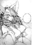  1girl ahri animal_ears bare_shoulders breasts dmdkrxmrrmq facial_mark female large_breasts league_of_legends lips long_hair messy_hair monochrome solo traditional_media whisker_markings white_background 