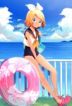  1girl bag blonde_hair blue_eyes blue_sky bow clouds crocs day fence full_body grass hair_ornament hairclip handbag highres horizon inflatable_toy kagamine_rin leaning_against_railing legs looking_at_viewer nokuhashi ocean outdoors railing sailor_collar sandals school_swimsuit short_hair sky solo swimsuit swimsuit_under_clothes tan vocaloid water 