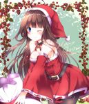  1girl ahoge alternate_costume bell bell_choker blue_eyes brown_hair choker christmas cleavage_cutout detached_sleeves hat jingle_bell kantai_collection kongou_(kantai_collection) looking_at_viewer nanoha-h one_eye_closed pantyhose sack santa_costume santa_hat smile solo wide_sleeves 