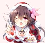  1girl ;o bangs bent_over black_ribbon breasts brown_hair cake christmas crescent downblouse dress eyebrows_visible_through_hair eyelashes fingernails food fruit fur_trim hair_between_eyes hair_ornament hat heart holding holding_fork holding_plate kantai_collection kisaragi_(kantai_collection) long_hair long_sleeves looking_at_viewer neck_ribbon one_eye_closed open_mouth plate pom_pom_(clothes) pov_feeding red_dress red_hat ribbon santa_costume santa_hat shiny shiny_hair simple_background small_breasts solo sparkle strawberry suzui_narumi translation_request violet_eyes 