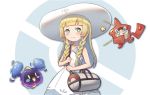  1girl bag bangs bare_arms blonde_hair blunt_bangs braid closed_mouth collarbone collared_dress cosmog dress duffel_bag green_eyes handbag hat highres legendary_pokemon lenko lillie_(pokemon) long_hair poke_ball_theme pokemon pokemon_(creature) pokemon_(game) pokemon_sm rotom sleeveless sleeveless_dress sun_hat sundress twin_braids white_dress white_hat 