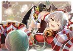  1girl animal_ears bangs blush breasts cat_ears claw_(weapon) claws cleavage collar fangs gloves granblue_fantasy hair_between_eyes long_hair looking_at_viewer marusan one_eye_closed open_mouth sen_(granblue_fantasy) silver_hair skirt smile solo weapon 