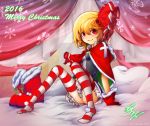 1girl 2016 alternate_costume arikanrobo arm_support ascot bed blonde_hair blush boots boots_removed breasts canopy_bed capelet christmas closed_mouth full_body gloves hair_ribbon looking_at_viewer merry_christmas on_bed pink_eyes red_boots red_gloves red_ribbon ribbon rumia signature sitting skirt small_breasts smile solo striped striped_legwear thigh-highs touhou white_skirt 