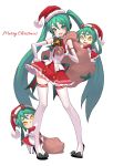  3girls christmas elbow_gloves fkey gloves green_eyes green_hair hand_on_hip hat hatsune_miku headphones highres long_hair merry_christmas multiple_girls pigeon-toed sack santa_hat simple_background skirt thigh-highs twintails very_long_hair vocaloid white_background white_gloves white_legwear yellow_eyes 